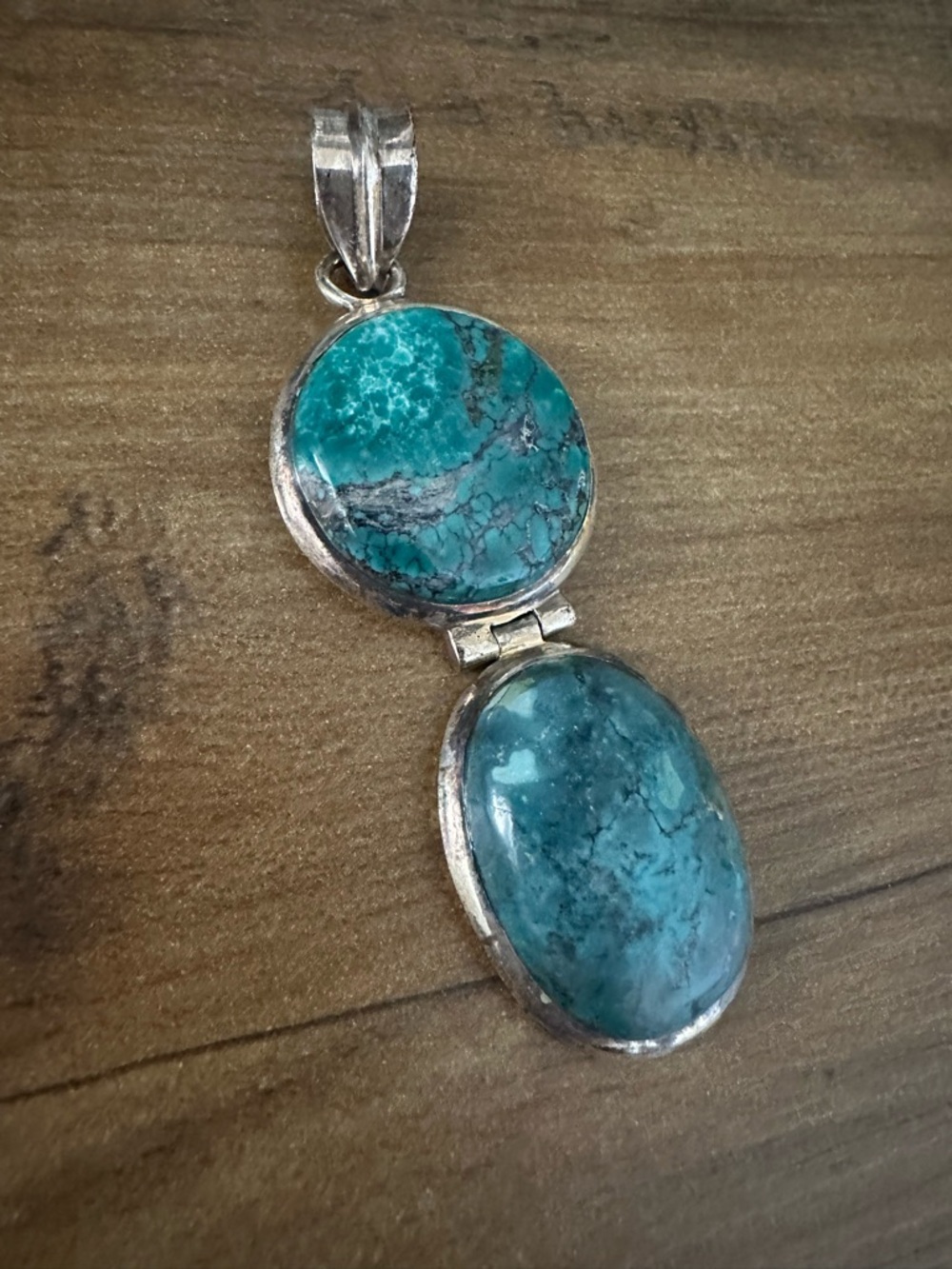 Vintage Turquoise Double Stone Pendant Necklace - Blue Green Sterling-Style - Picture 3 of 9